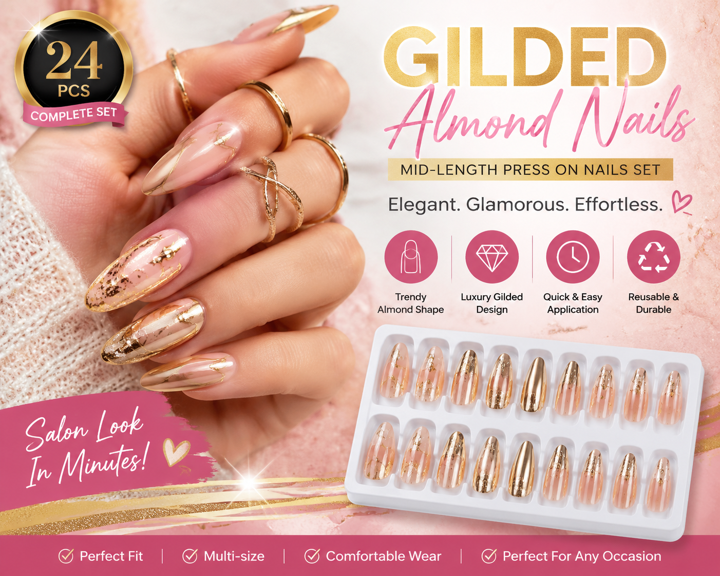 24Pcs Mid-length Gilded Almond Nails Set press on nails with luxury gilded almond design