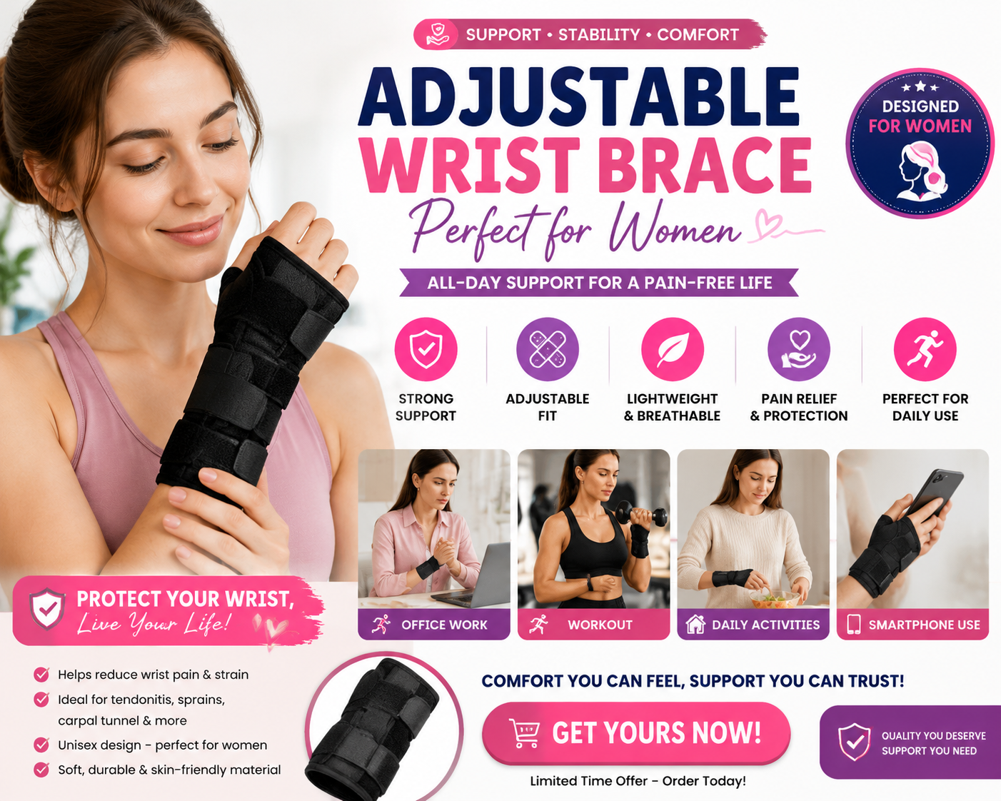 Adjustable Wrist Brace for Women providing comfortable wrist support and adjustable protection for daily activities