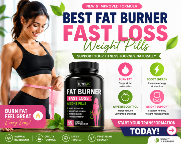 Best Fat Burner Fast Loss Weight Pills bottle with fitness woman and weight management supplement concept